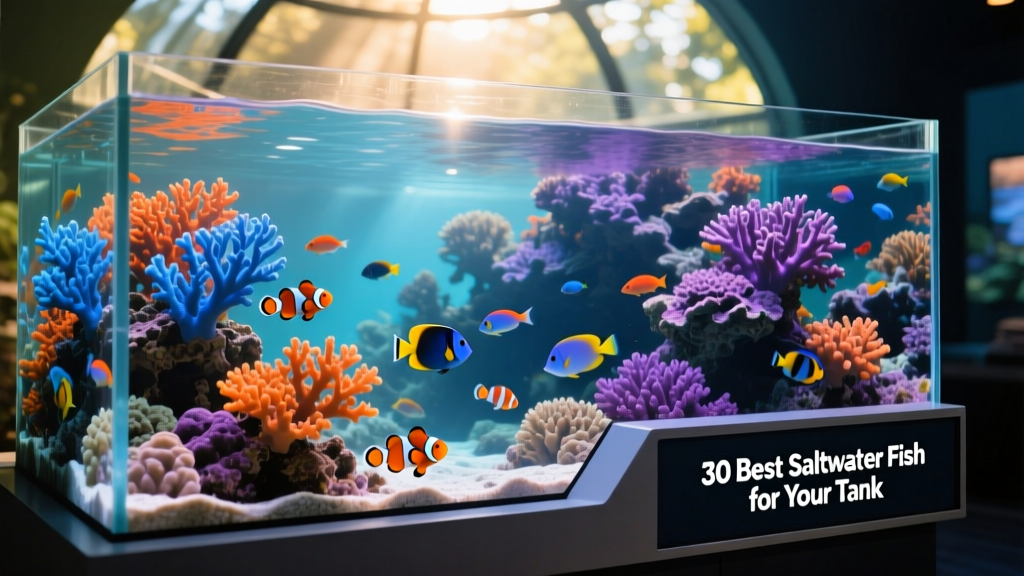 A thriving saltwater reef aquarium with colorful fish swimming among live coral and rockwork