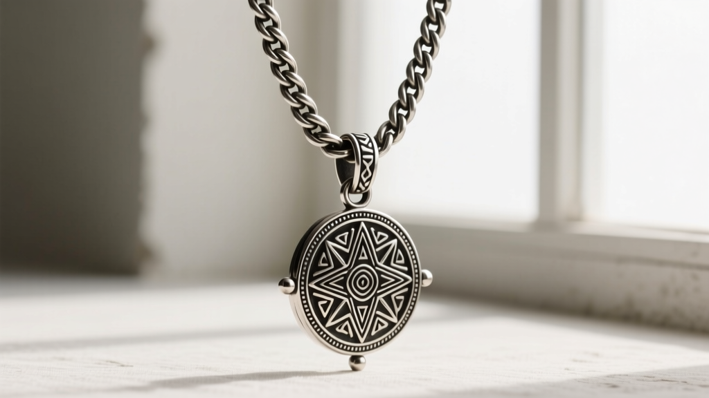Side view of a 14-gauge oxidized sterling rolo chain holding a heavy Tuareg pendant, highlighting a thick reinforced silver bail.