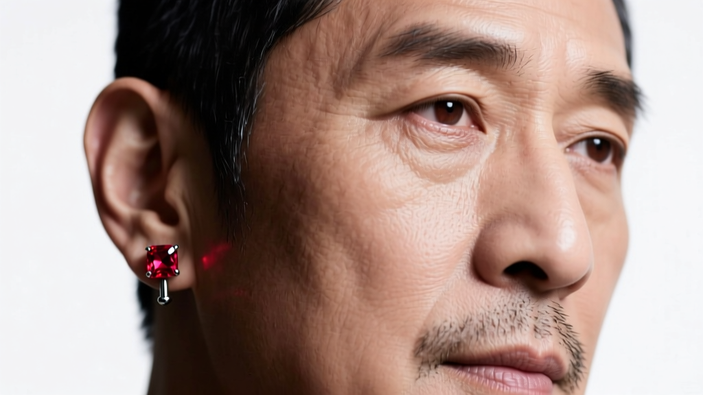 Close-up portrait of a man wearing a minimalist 18-gauge steel stud with a deep red cubic zirconia gem under soft studio lighting