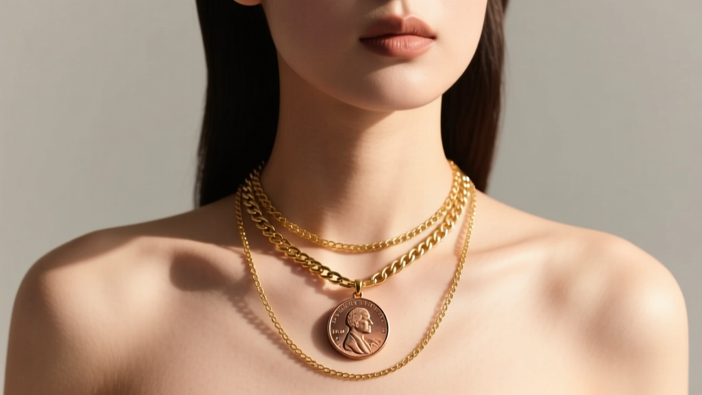 Model wearing a layered stack featuring a 19mm penny holder pendant on a 1.5mm curb chain, paired with a delicate 14k gold lariat