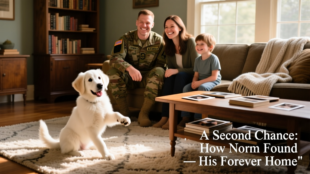 Sgt. Beerling and his family smiling together with Norm sitting on a cozy living room rug, tail wagging