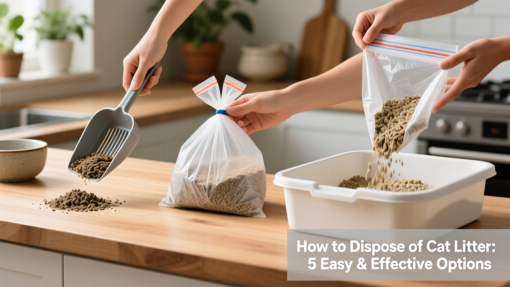 Side-by-side comparison showing proper scooping technique, sealed disposal bag, and fresh litter refill in a clean box