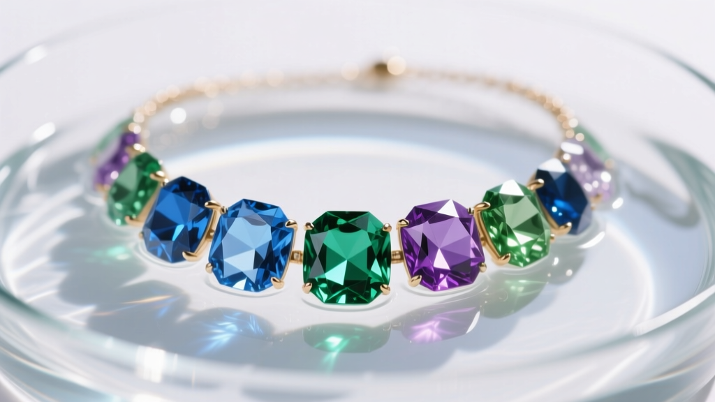 Colorful crystal necklace in a cleaning bath, highlighting optical clarity and internal inclusions of faceted natural gemstones