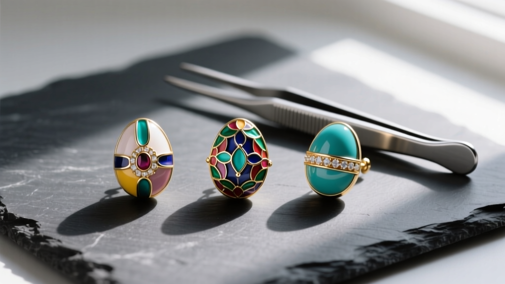 Flat lay of three Easter egg earrings showing champlevé, cloisonné, and cold enamel on dark slate next to a pair of tweezers.
