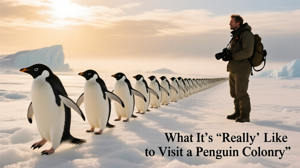 Slow-motion shot of a group of Adélie penguins waddling single-file across snow-covered ice