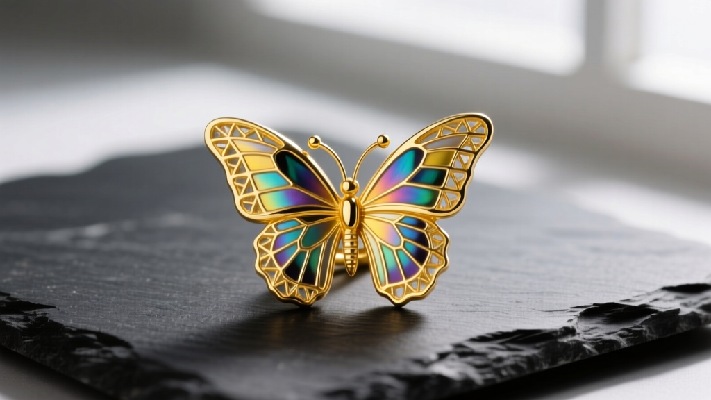 Macro photography of a 14k solid yellow gold butterfly pendant with guilloché enamel wings resting on a dark slate surface