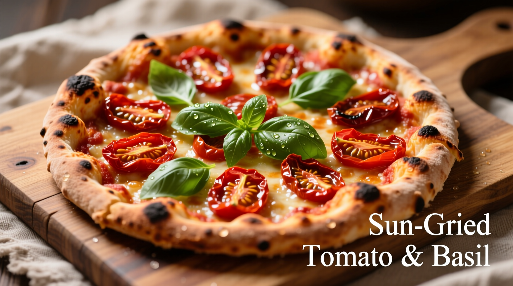 Artisan sun dried tomato pizza with fresh basil