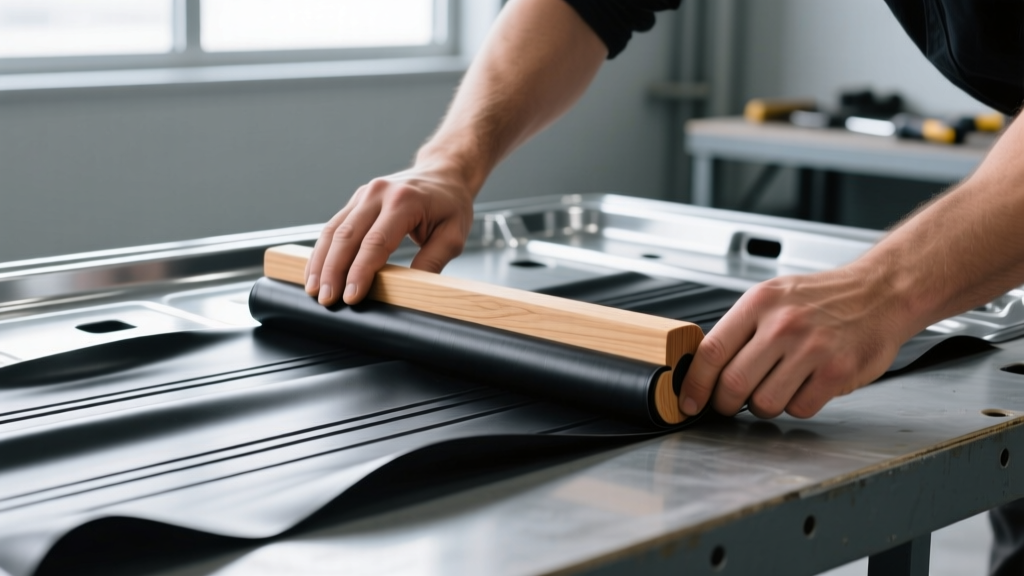 Hands pressing black butyl car insulation material onto a bare steel vehicle floor pan using a wooden seam roller.