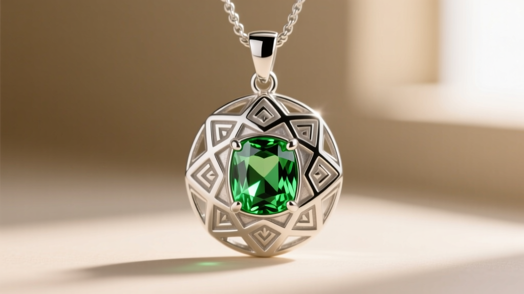 Macro shot of a 925 sterling silver Dr Stone Medusa replica pendant featuring intricate geometric engravings and a peridot gem.