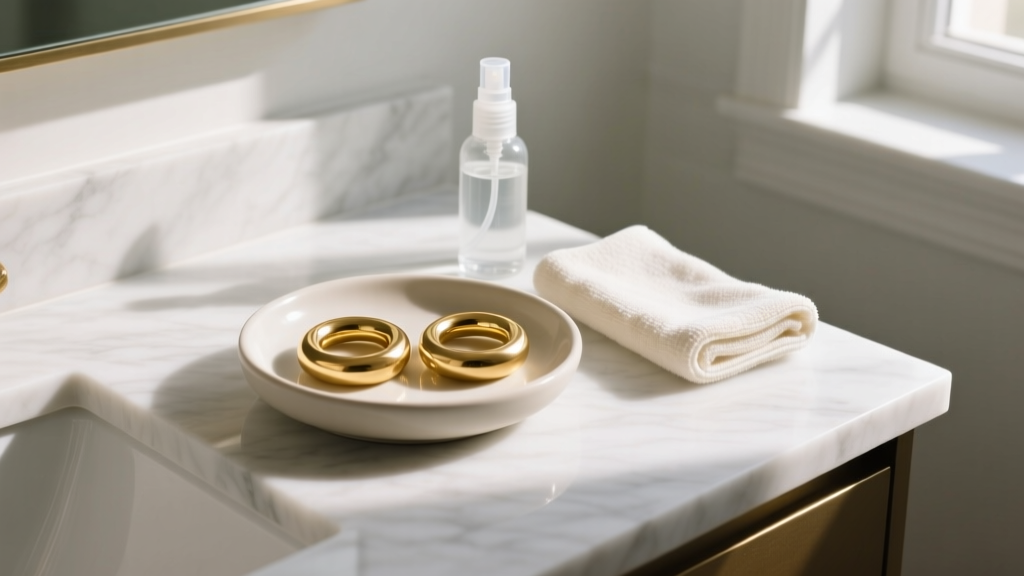 Saline spray and cloth beside a ceramic dish holding two gold sleeper hoops on a marble bathroom counter in soft morning light