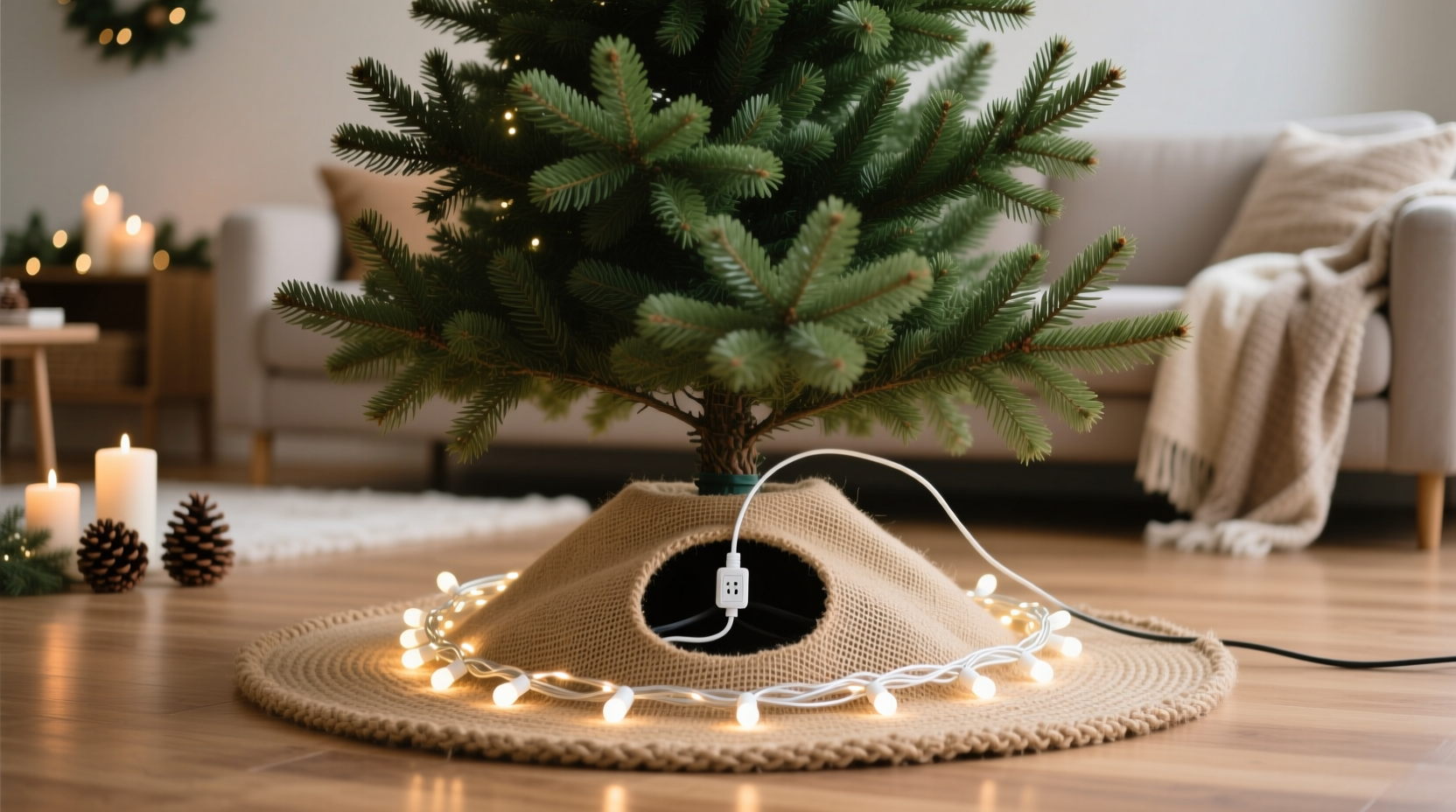 how to hide the base of your christmas tree while keeping lights accessible