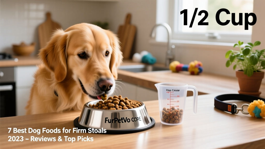 Dog happily eating from a stainless steel bowl filled with FurPetVo CORE kibble beside a measuring cup showing portion size