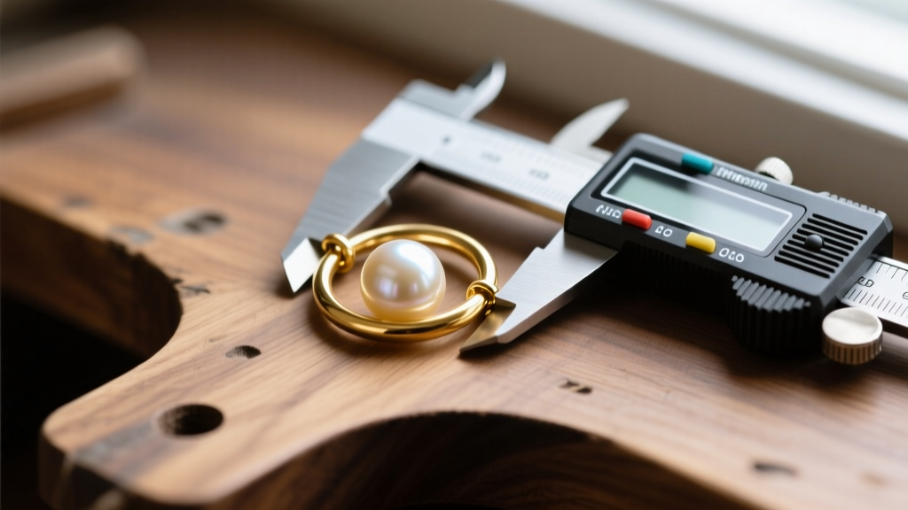 Macro view of a gold jump ring on a pearl clasp, showing a tiny gap measured with digital calipers on a wooden jeweler bench.