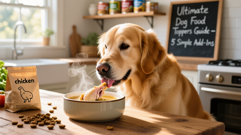 A dog happily eating from a bowl topped with broth and shredded chicken