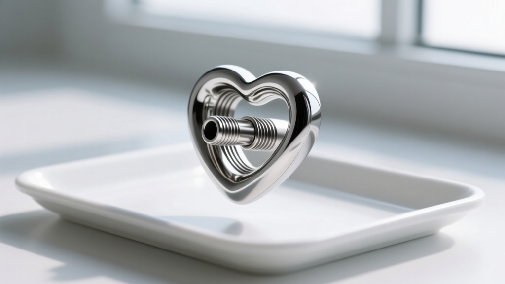 Macro shot of internally threaded titanium heart nipple shield, highlighting mirror polish and seamless joints on a sterile tray