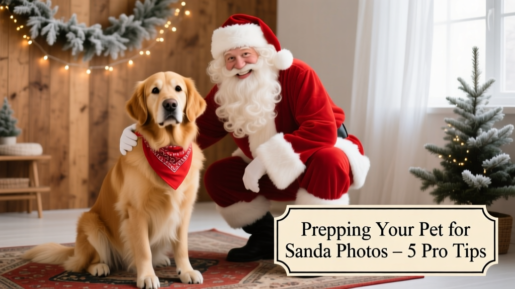 A golden retriever wearing a red bandana, sitting calmly beside a friendly Santa figure in a cozy studio setting