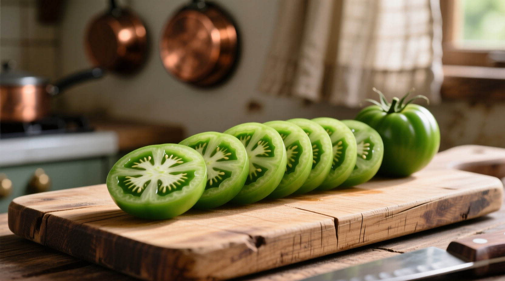 Sliced green tomatoes on wooden cutting board