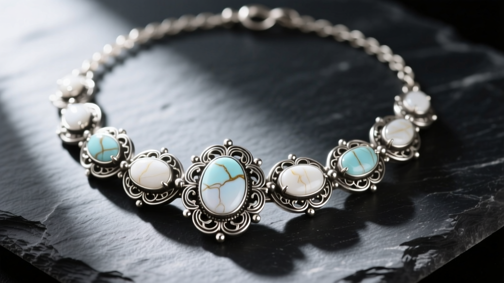 Close-up of a vintage sterling silver white squash blossom necklace featuring carved white howlite stones resting on dark slate.