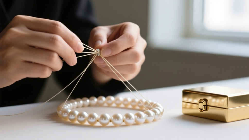 Jeweler hands using French wire gimp and size G silk thread to hand-knot a heavy South Sea pearl necklace near a gold box clasp.