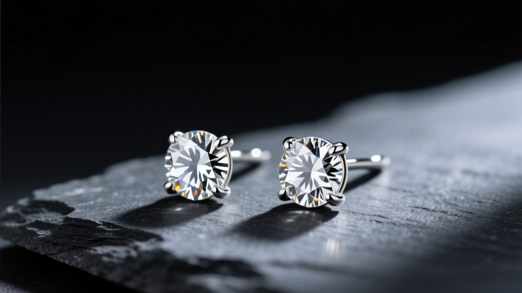 Close-up of 0.50ctw dainty diamond earrings in 14k white gold martini settings resting on dark slate under soft studio lighting