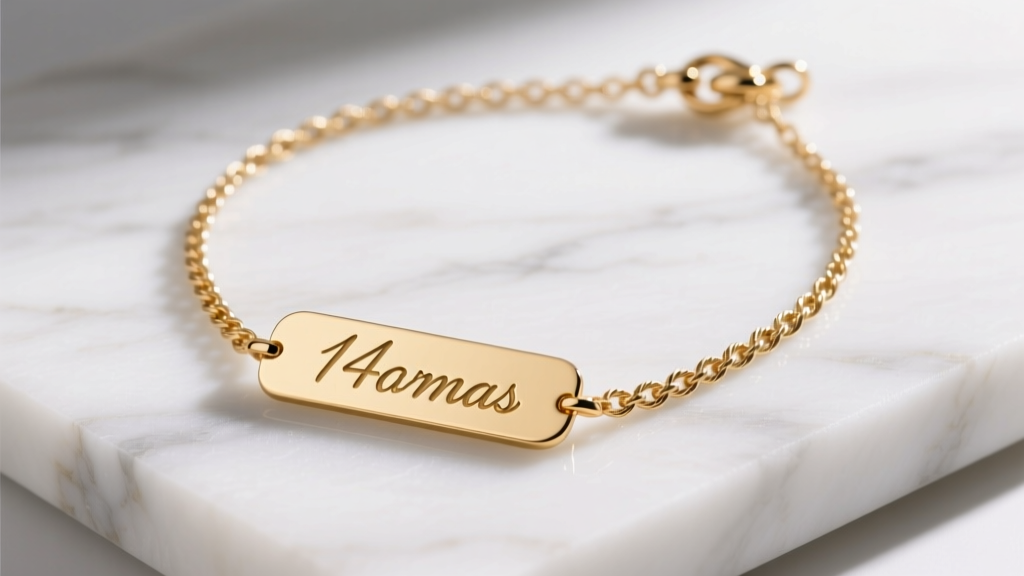 Delicate 14k gold cursive nameplate necklace on white marble, showing fine cable chain links and a small lobster clasp