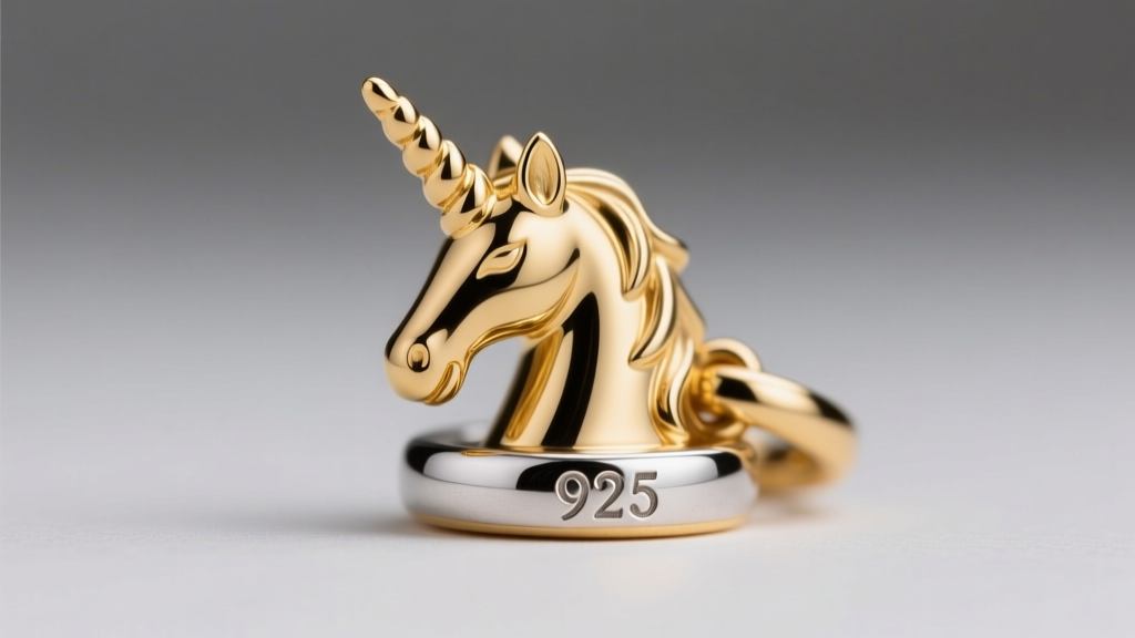 Macro shot of a gold vermeil unicorn pendant bail, revealing the 925 sterling silver stamp and thick gold plating along the edge.