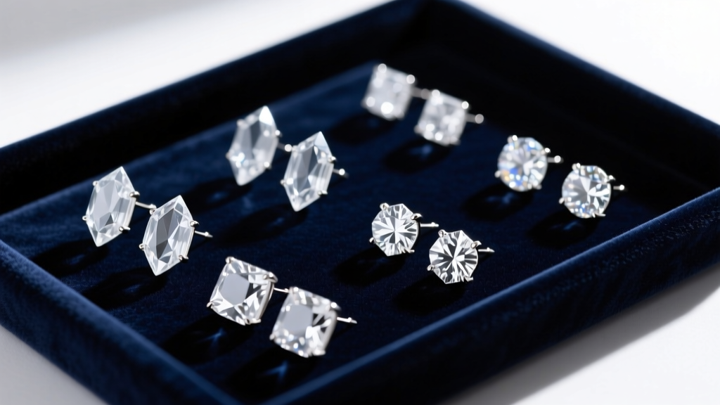 Top-down view of a dark velvet tray displaying clear stud earrings made of fused quartz, acrylic, and sparkling cubic zirconia.