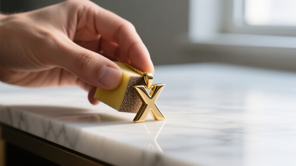 Close-up of hands using a 1200-grit sanding sponge to smooth the sharp inner corner of a solid brass letter X pendant on a desk