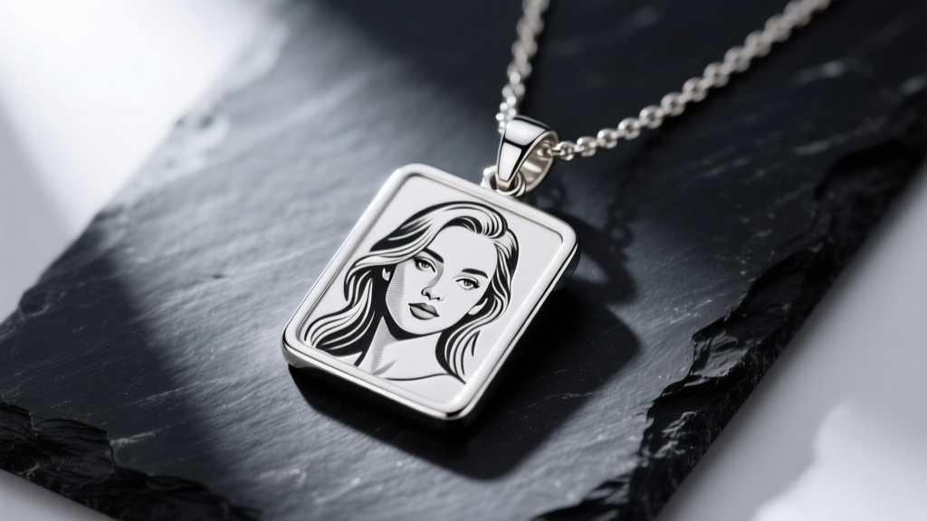 Close-up of a polished 925 sterling silver photo necklace pendant resting on dark slate, showing a laser-engraved portrait.