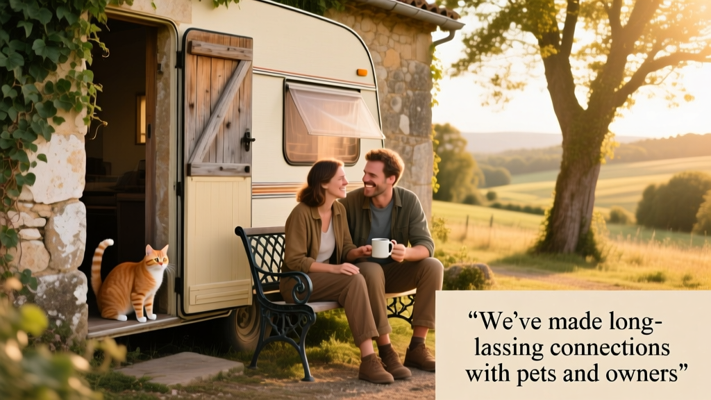 Jess and Tom’s cozy motorhome parked beside a French countryside cottage with a cat peeking from the doorway