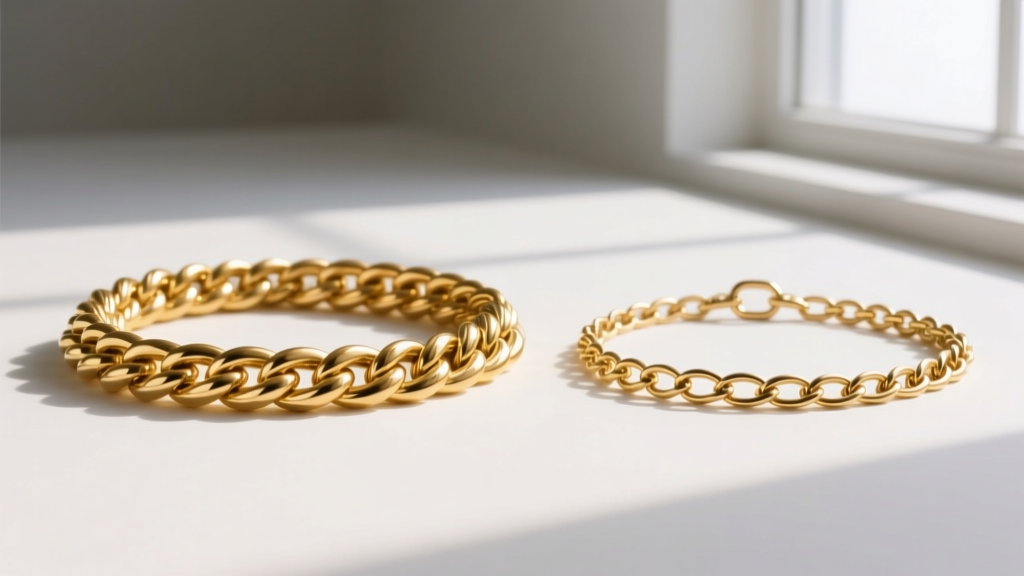 Side-by-side view of a solid 18k gold rope chain and a hollow-core 14k chain, showing differences in weight, thickness, and weave.