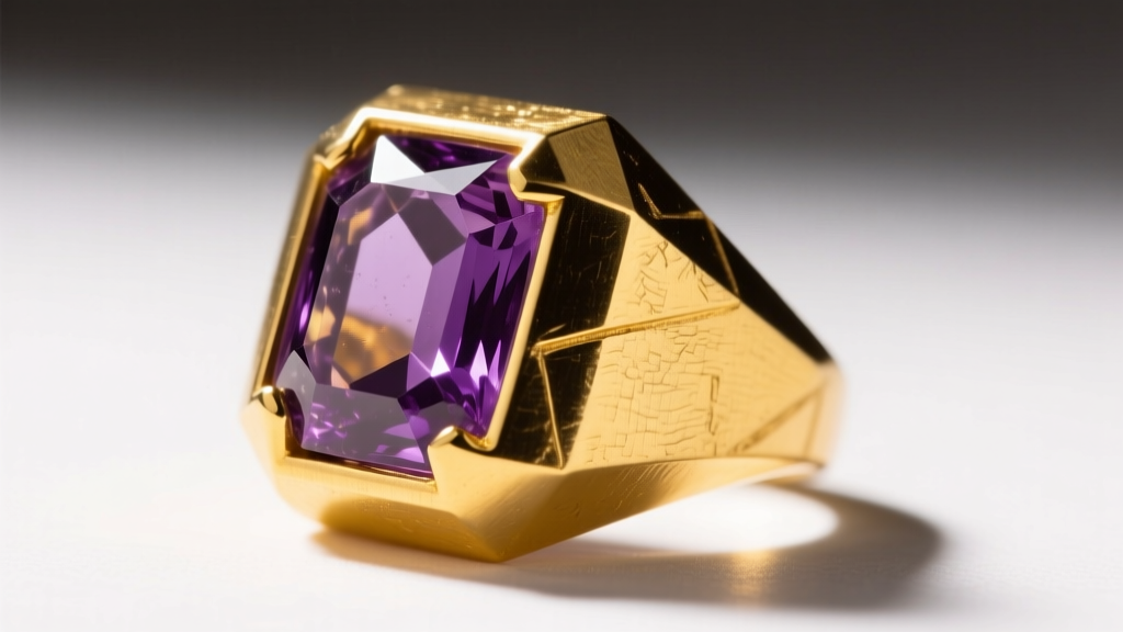 Macro shot of a 1970s brutalist yellow gold ring with raw amethyst, highlighting heavy textured metal and sharp geometric angles