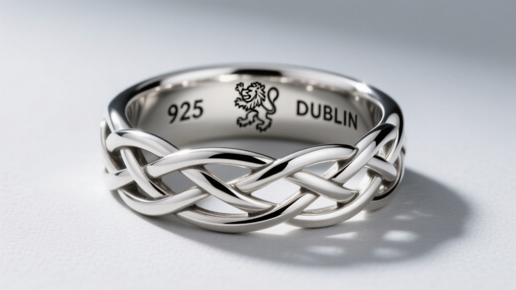 Macro photography of a sterling silver Celtic friendship knot ring showing deep undercut weaving and crisp Dublin Assay hallmarks
