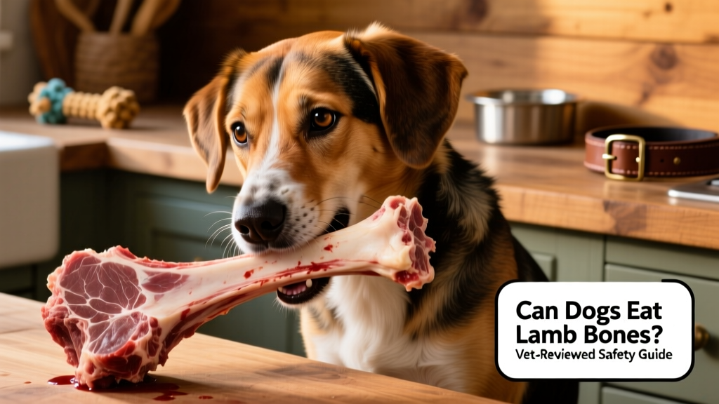 A dog gnawing thoughtfully on a large raw lamb femur bone