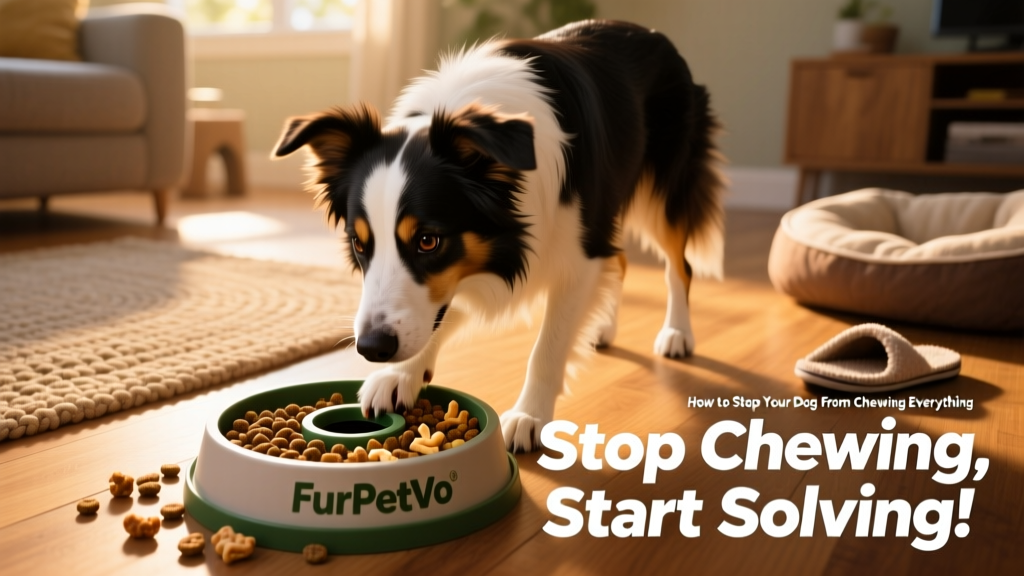A border collie intently working on a FurPetVo puzzle feeder filled with kibble and treats
