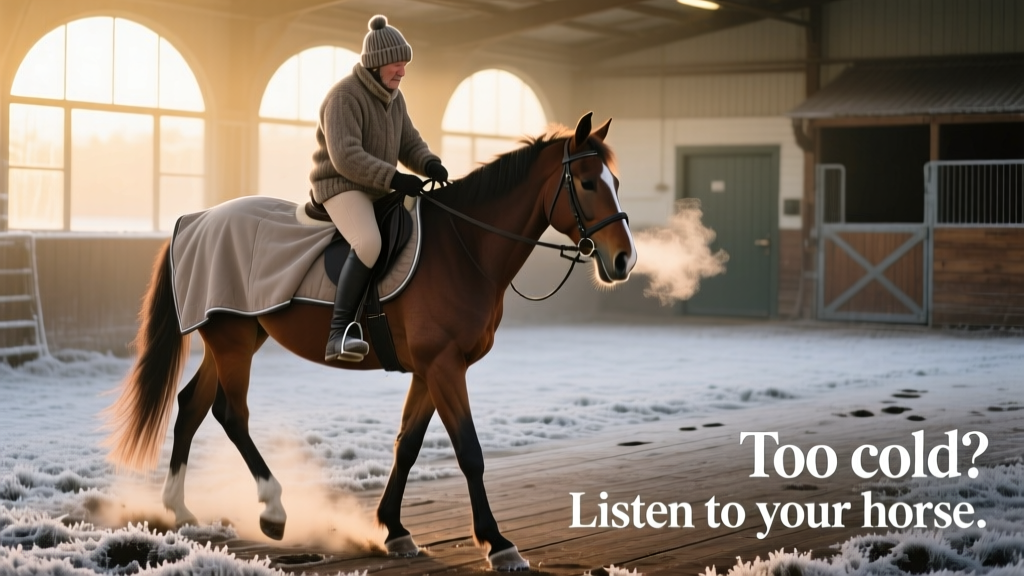 A rider using a quarter sheet while walking a horse in a frost-covered arena