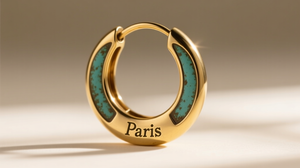 Macro shot of a vintage YSL gold-plated brass hoop earring showing subtle patina and the engraved Paris hallmark stamp.