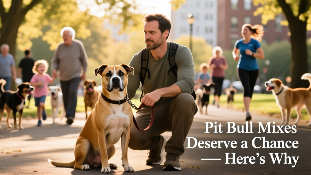 A calm, confident Pit Bull mix sitting attentively beside its owner during a community dog walk
