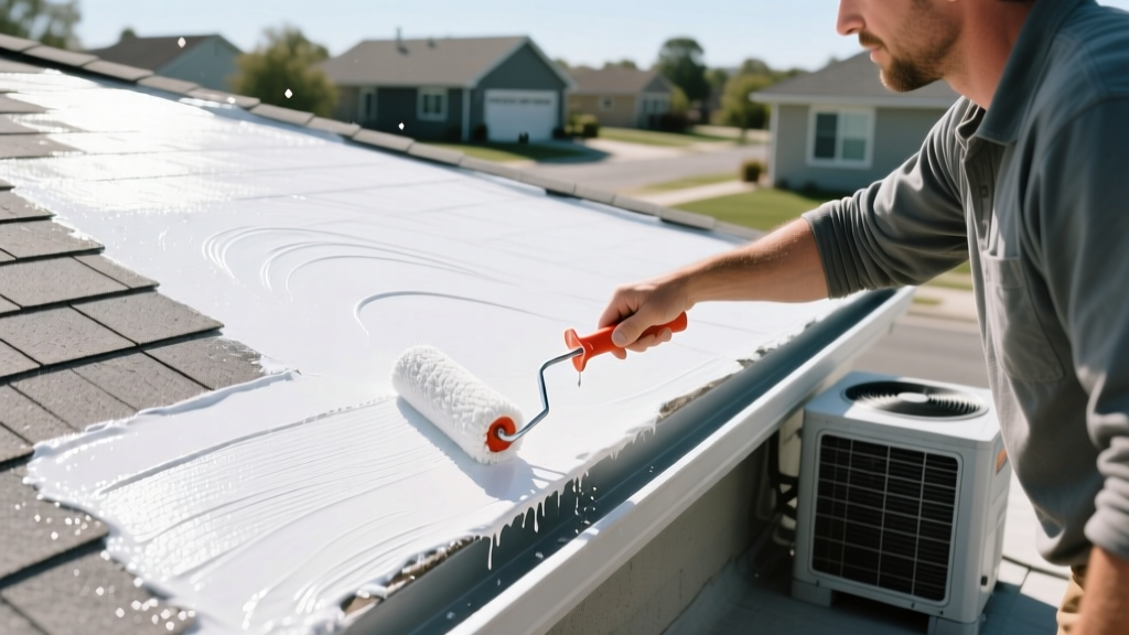 Homeowner applying white silicone roof coating with a thick nap roller on a sunlit residential flat roof next to an HVAC unit