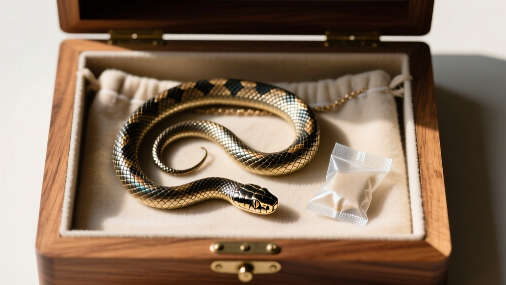 Coiled vintage snake necklace stored flat in anti-tarnish flannel pouch alongside a silica gel packet inside a cedar jewelry box