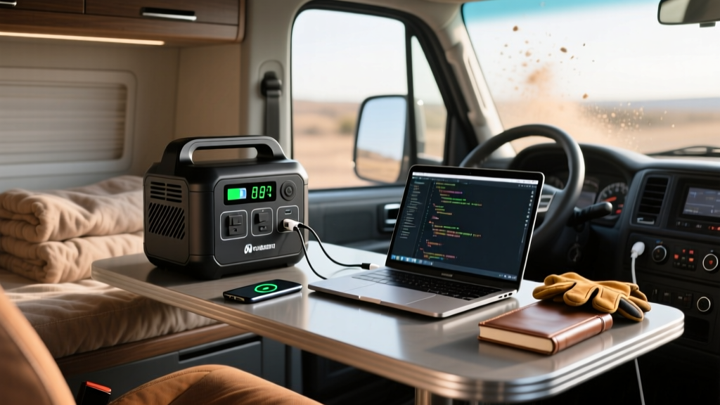 Rugged portable power station charging a laptop and smartphone on the sleeper berth table inside a modern semi-truck cab.