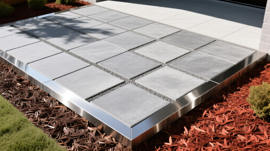 Overhead view of charcoal grey concrete paver patio with polymeric sand joints, bordered by steel edge restraints and fresh landscaping mulch