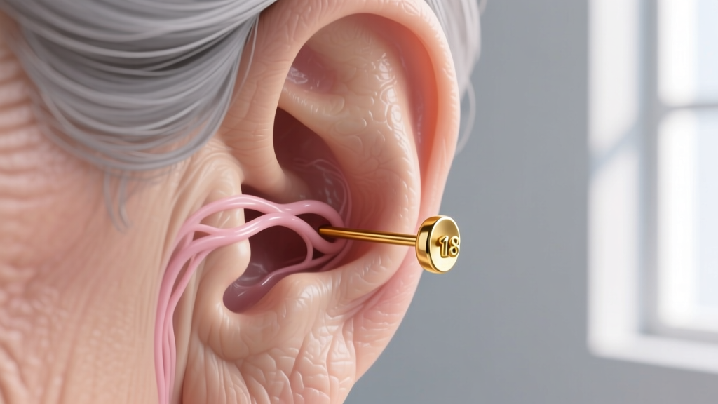 Macro illustration of a mature earlobe fistula with an 18-gauge gold sleeper earring gliding smoothly through the soft tissue channel.