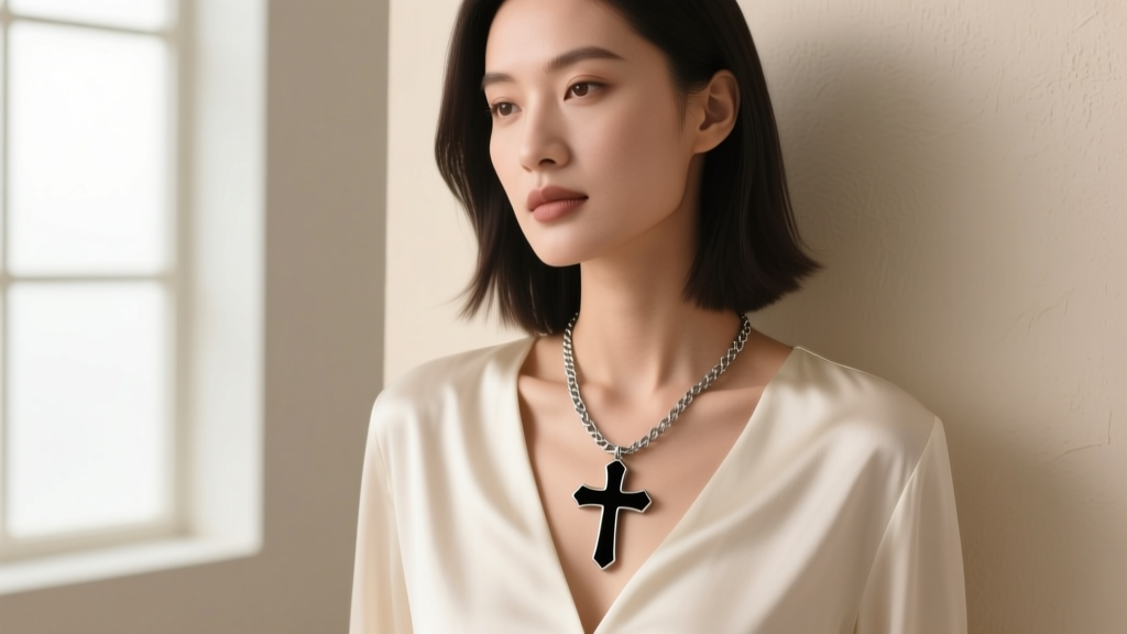 Elegant woman wearing a black enamel cross pendant on an 18-inch oxidized sterling silver chain against a neutral silk blouse.