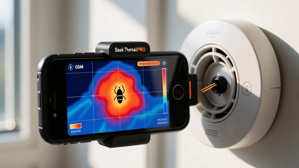 Close-up of a Seek Thermal CompactPRO attached to a smartphone displaying a heat map of a smoke detector hiding a GSM audio bug.