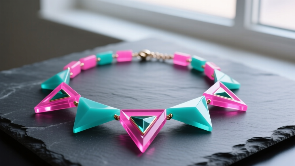 Vibrant 1980s neon pink and teal acrylic plastic necklace with geometric charms resting flat on a dark slate surface background
