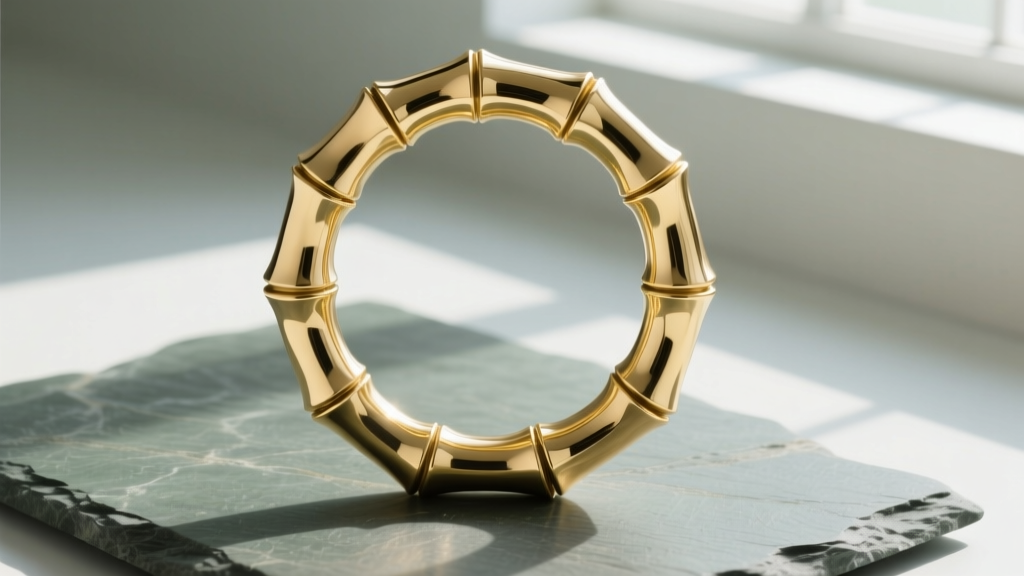Large 14k yellow gold bamboo hoops on slate, showing segmented tubular design and a highly polished reflective metallic finish.