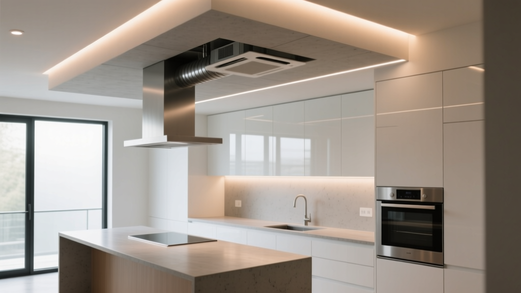 Modern kitchen featuring a dropped gypsum board bulkhead hiding HVAC ducts, with recessed LED lights and a smooth finish