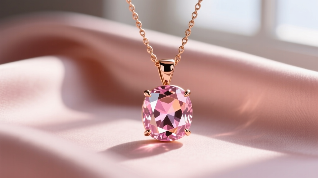 Close-up of rose gold pendant necklace with brilliant-cut morganite gemstone resting on soft blush silk fabric background