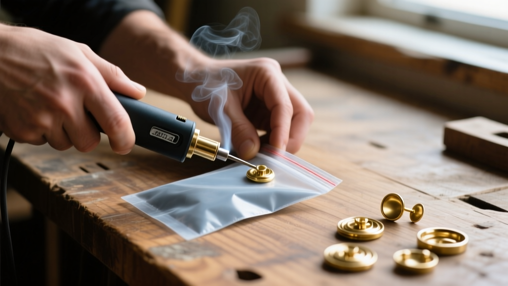 Hands sealing an anti-tarnish bag with brass findings and an anti-tarnish strip using a compact heat sealer on a wooden workbench.